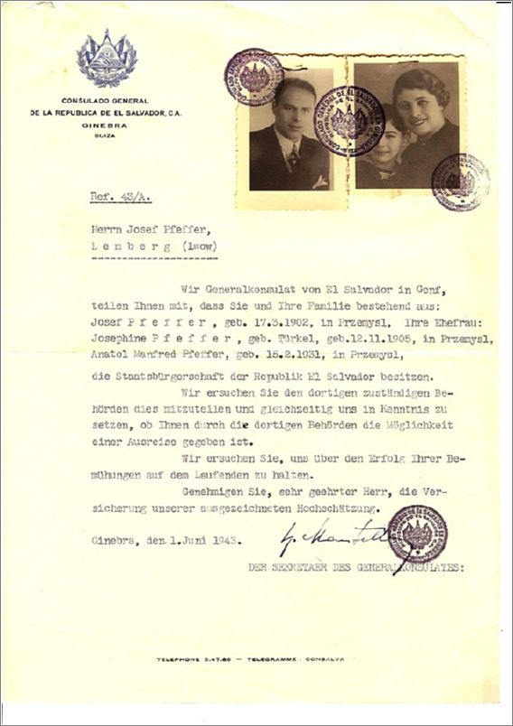 Unauthorized Salvadoran citizenship certificate issued to Josef Pfeffer March 17, 1902 in Przemysl